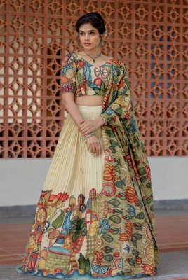 THREADTHRILL Digital Print Semi Stitched Lehenga Choli(White)