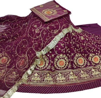 MANTUSHTI Embroidered Semi Stitched Rajasthani Poshak(Purple)