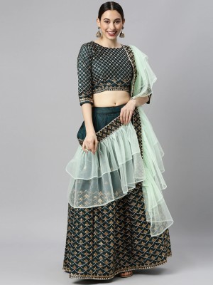 Divastri Self Design Semi Stitched Lehenga Choli(Green)