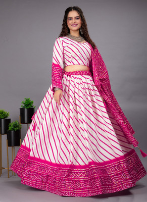 VEEDHRUMI Printed Semi Stitched Lehenga Choli(Pink, White)