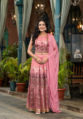 Juniper Printed Stitched Lehenga Choli(Pink)
