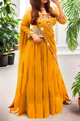 Anjani Textile Embroidered Semi Stitched Lehenga & Crop Top(Yellow)