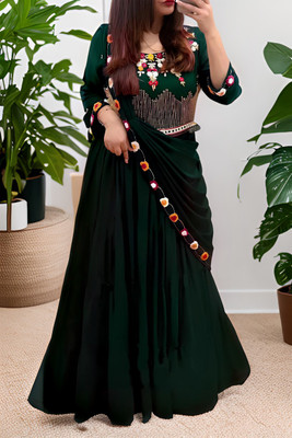 Anjani Textile Embroidered Semi Stitched Lehenga & Crop Top(Green)