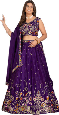 ICEQUBEFAB Embroidered Semi Stitched Lehenga Choli(Dark Blue)