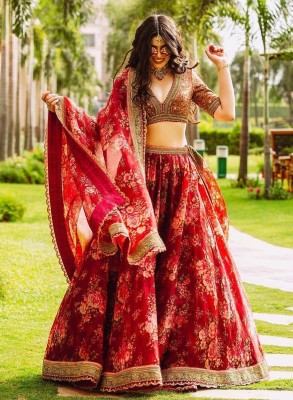 Tasrika Embroidered, Digital Print Semi Stitched Lehenga Choli(Maroon)