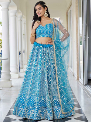 Udbhav Export Embellished Semi Stitched Lehenga Choli(Light Blue)