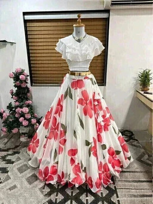 NIHANT ENTERPRISE Colorblock Stitched Lehenga & Crop Top(White, Pink)