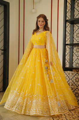TRIVORA Embellished Semi Stitched Lehenga Choli(Yellow)