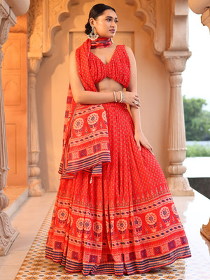 PURVAJA Printed Semi Stitched Lehenga Choli(Red)