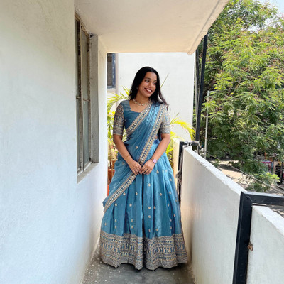 SHREE CREATION Embroidered Semi Stitched Lehenga Choli(Blue)