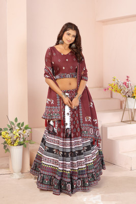 KRISHU ETHNICS Digital Print Semi Stitched Lehenga Choli(Maroon, White)