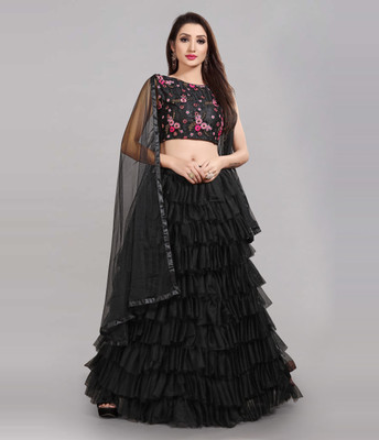 Fabcartz Embroidered Semi Stitched Lehenga Choli(Black)