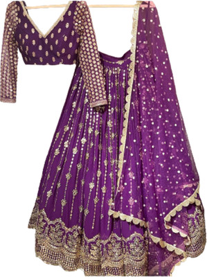 HANILCART Embroidered Semi Stitched Lehenga Choli(Purple)