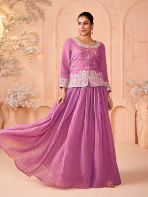 Madhuram Embroidered Stitched Lehenga with Jacket(Purple)