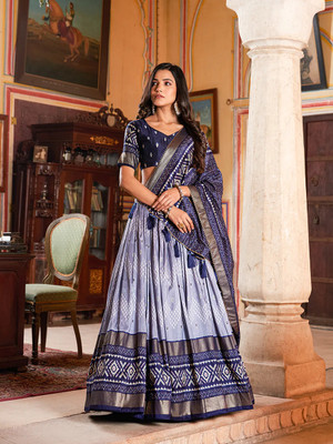 HEM SELLES Floral Print Semi Stitched Lehenga Choli(Dark Blue)