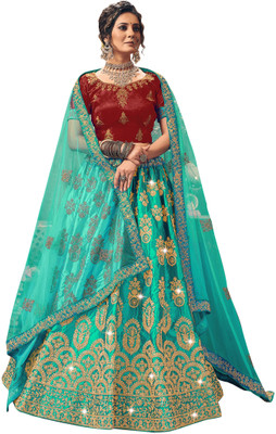 manvaa Embroidered Semi Stitched Lehenga Choli(Light Green)