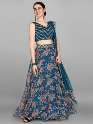 FASHION BASKET Floral Print, Self Design Semi Stitched Lehenga Choli(Blue)