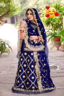 New Pooja Embroidered, Embellished Semi Stitched Rajasthani Poshak(Blue)