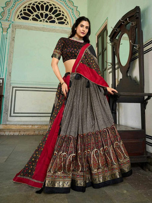 HEM SELLES Printed Semi Stitched Lehenga Choli(Black)
