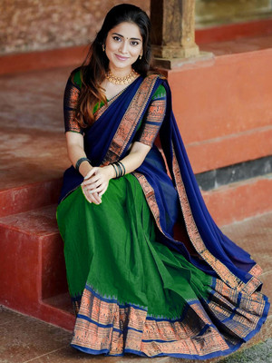 R K INFINITIVE Solid Semi Stitched Lehenga Choli(Green, Dark Blue)