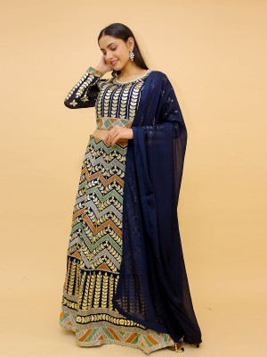 odette Embroidered Stitched Lehenga Choli(Blue)