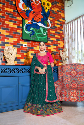 Yogik Creation Embroidered Semi Stitched Lehenga Choli(Light Green)