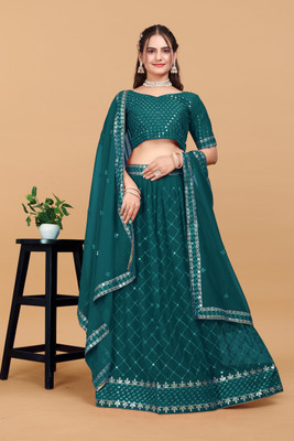 HOUSE OF COMMON Embroidered, Self Design Semi Stitched Lehenga Choli(Blue)