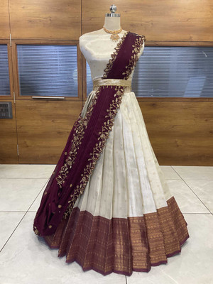 SHREE CREATION Self Design Semi Stitched Lehenga Choli(White, Purple)