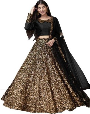 JANVI CREATION Solid, Embellished, Self Design Semi Stitched Lehenga Choli(Gold)