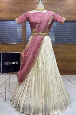 Fabcartz Embroidered Semi Stitched Lehenga Choli(Pink)