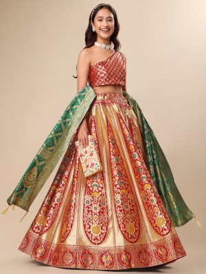 PURVAJA Floral Print Semi Stitched Lehenga Choli(Red)