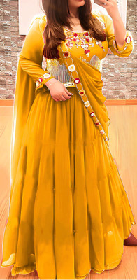 Hemlata Embroidered Semi Stitched Lehenga Choli(Yellow)