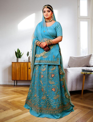 Bhawani Collection Embroidered Semi Stitched Rajasthani Poshak(Light Blue)