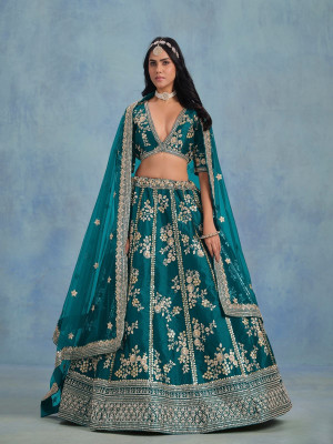 odette Embroidered Semi Stitched Lehenga Choli(Blue)
