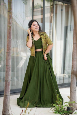 JK Creations Solid, Embroidered Stitched Lehenga with Jacket(Green)