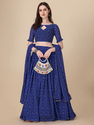 PMD Fashion Bandhani, Solid, Embellished, Floral Print, Printed, Self Design, Striped, Digital Print Semi Stitched Lehenga Choli(Blue)