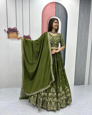 MITRABIZ Self Design Semi Stitched Lehenga Choli(Green)