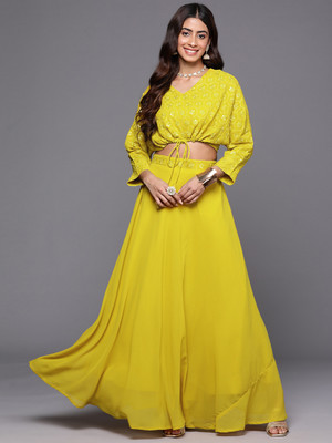 LIBAS Embroidered Stitched Lehenga Choli(Yellow)