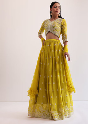 FAB WINDOW Embroidered Semi Stitched Lehenga Choli(Yellow)