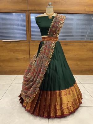 Immy Solid, Self Design Semi Stitched Lehenga Choli(Dark Green)