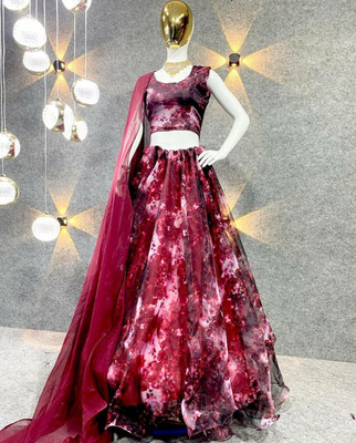PuriMaa Digital Print Semi Stitched Lehenga & Crop Top(Red)
