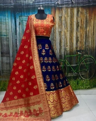 GRANTH MANIAFAB Self Design Semi Stitched Lehenga Choli(Light Blue, Red)
