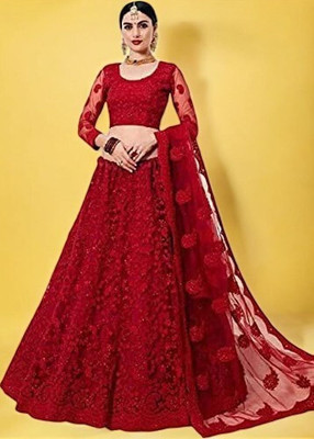 Kitvillaa Embroidered Semi Stitched Lehenga Choli(Red)