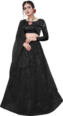 sibyl creation Embellished Semi Stitched Lehenga Choli(Black)