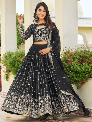 Om Creation Embroidered, Embellished Semi Stitched Lehenga Choli(Black, Silver)