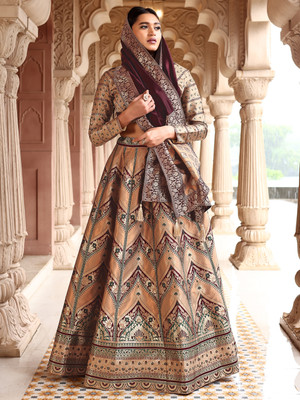 PURVAJA Printed Semi Stitched Lehenga Choli(Gold)