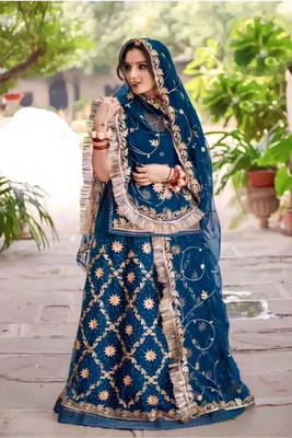 Bhawani Collection Embroidered Semi Stitched Rajasthani Poshak(Blue)
