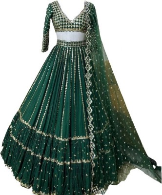 LEHESTRA Embroidered, Embellished, Printed, Self Design, Striped, Digital Print Semi Stitched Lehenga Choli(Green)