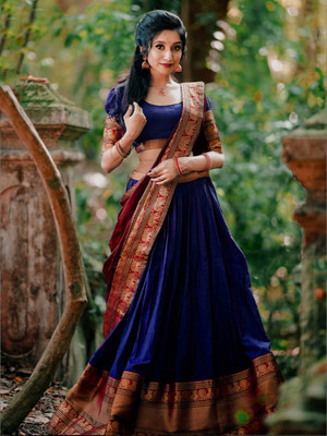 HOUSE OF COMMON Solid Semi Stitched Lehenga Choli(Dark Blue, Red)
