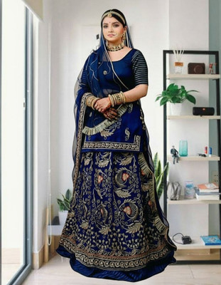 Shree Ambey Creation Embroidered Semi Stitched Rajasthani Poshak(Blue)
